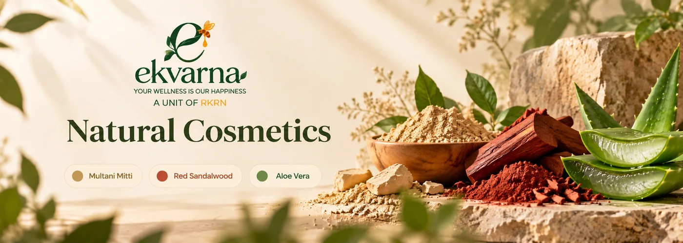 Ekvarna natural cosmetics: Multani Mitti clay in a wooden bowl, red sandalwood and powder, and fresh aloe vera leaves on a stone slab, with the three products named: Multani Mitti, Red Sandalwood and Aloe Vera