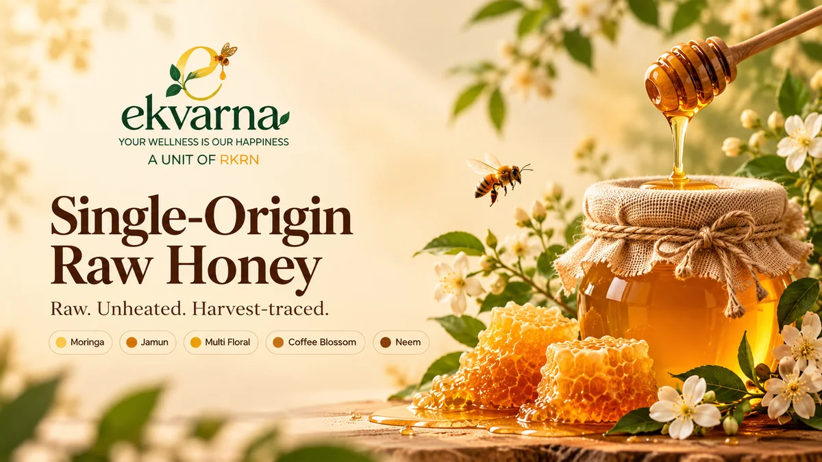 Ekvarna single-origin raw honey: a jar of golden honey under a wooden dipper, fresh honeycomb and white blossoms, with the five honeys named: Moringa, Jamun, Multi Floral, Coffee Blossom and Neem